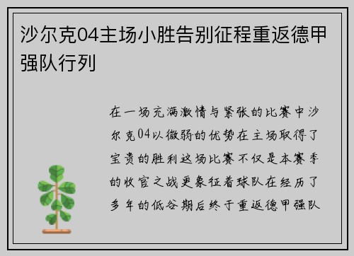 沙尔克04主场小胜告别征程重返德甲强队行列