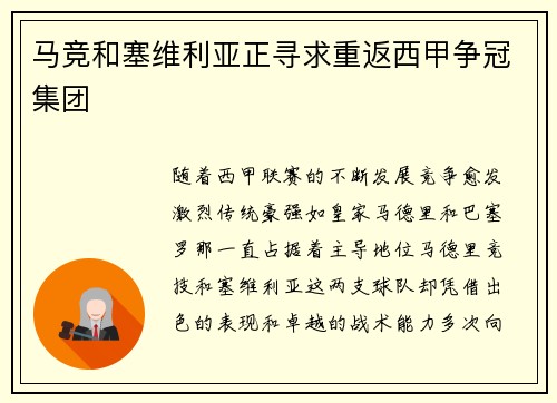 马竞和塞维利亚正寻求重返西甲争冠集团